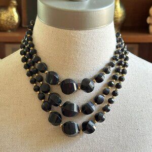 Vintage 1950s Black Bead Necklace, Adjustable